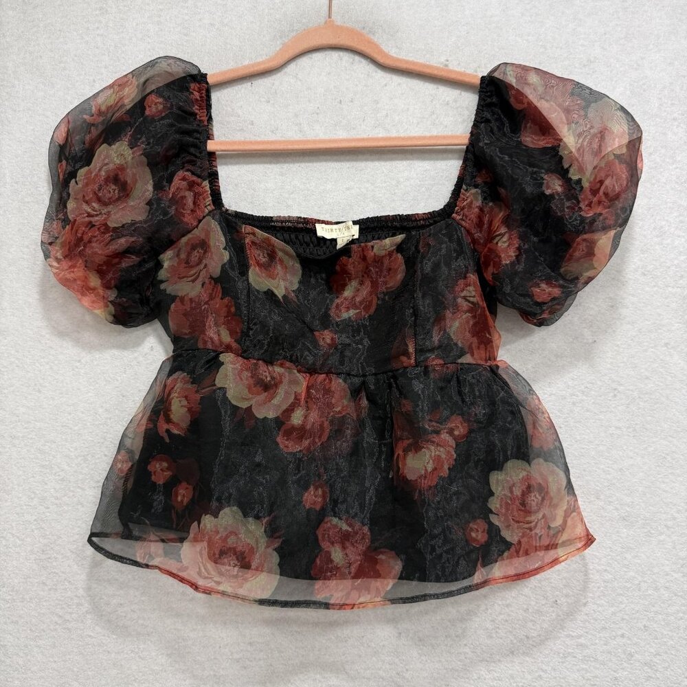 THIRTY/THIRTY Blouse Womens Large Black Floral Puff Sleeve Sheer Peplum Top